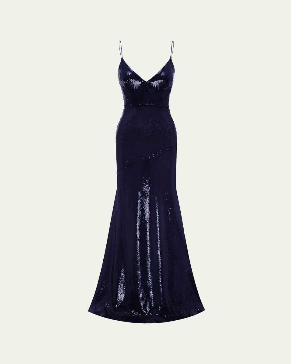 Sequined Paneled Bikini Gown, Blue